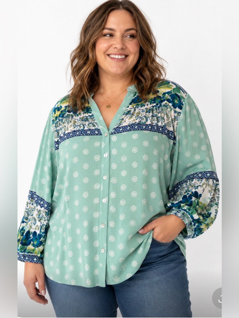 fig and flower Mint Green Printed Button-Down Blouse XL boho cottagecore office